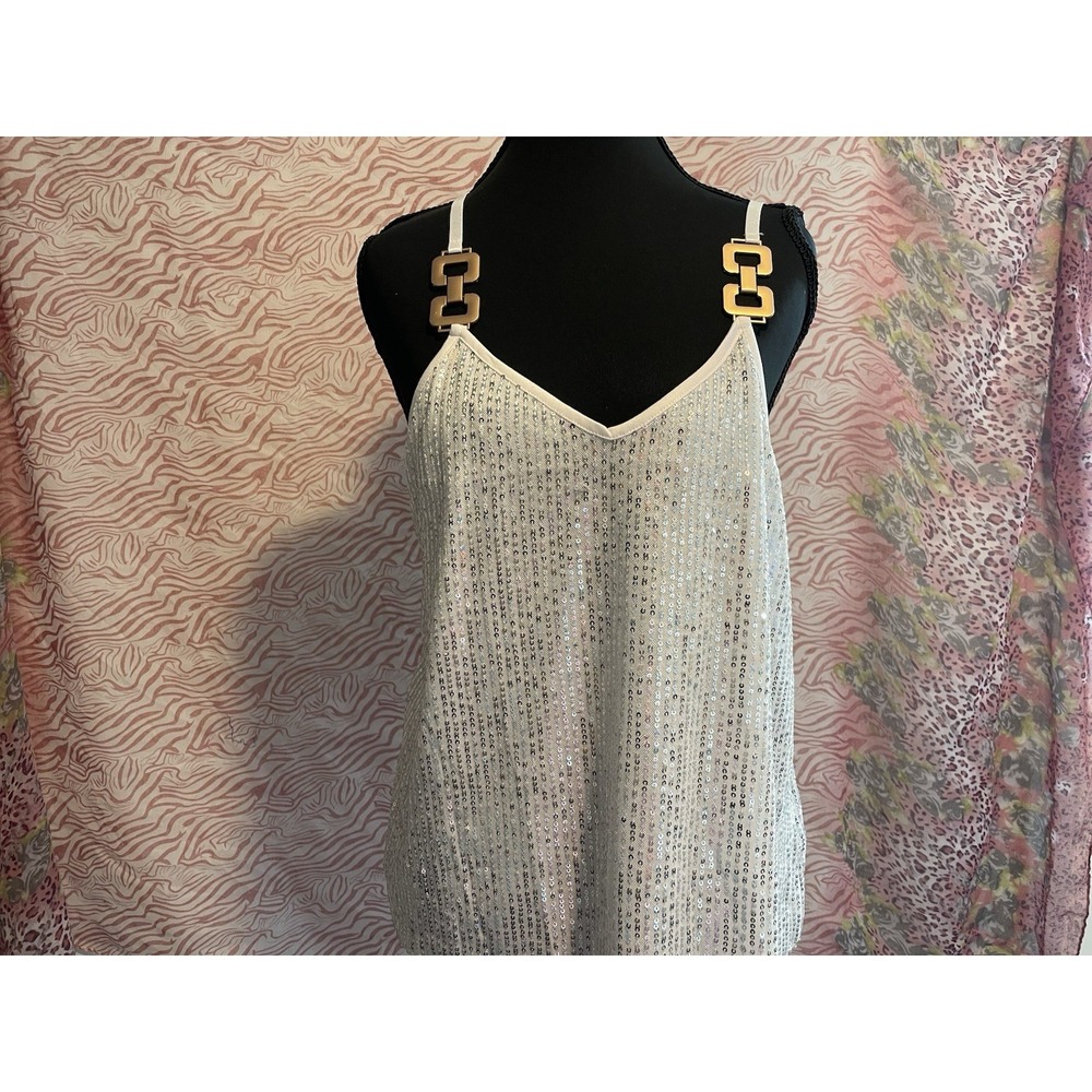White Sequin Knit Camisole Tank Top Buckle Straps V-Neck Sleeveless #y2k